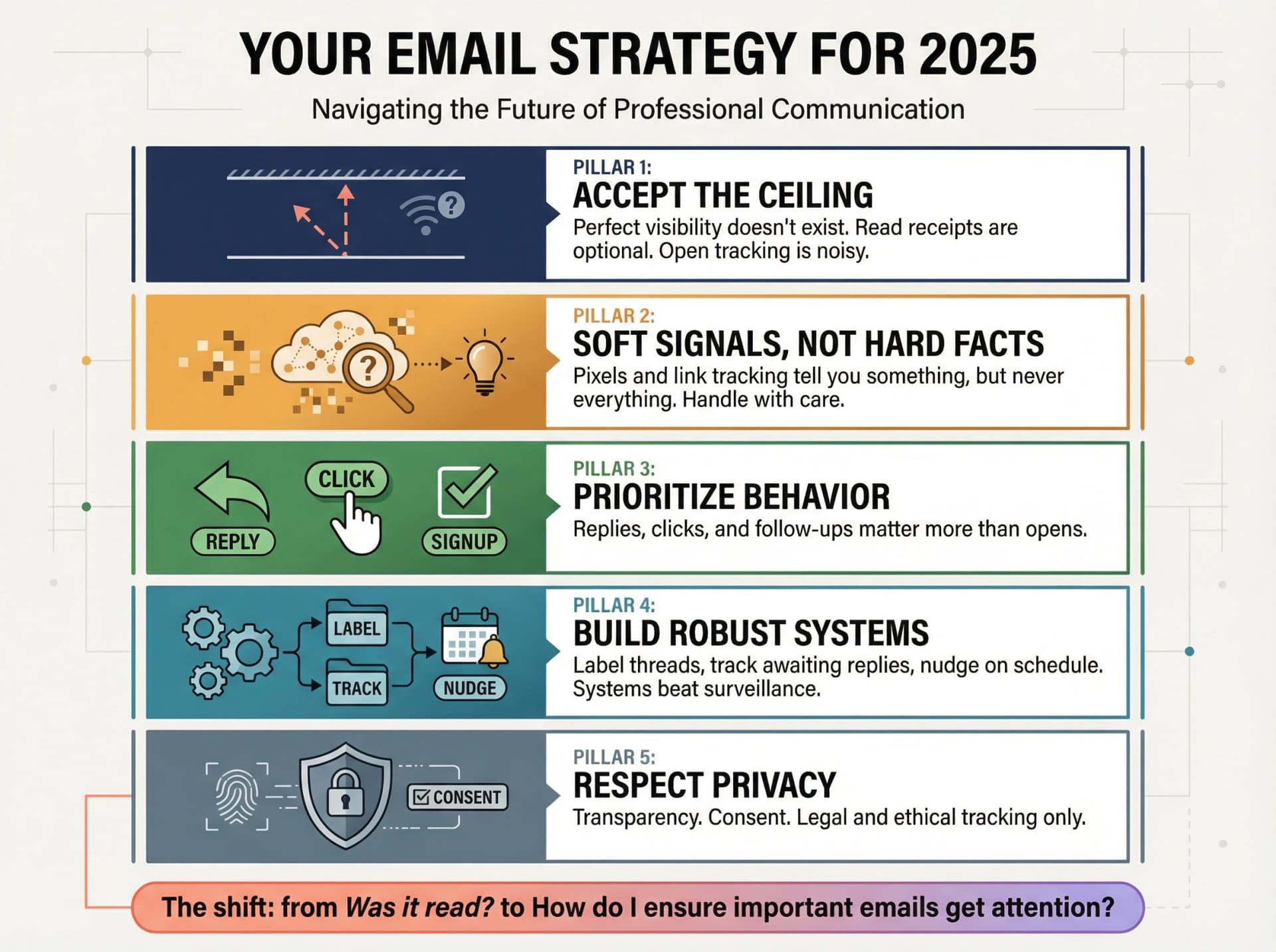 2025 email tracking strategy framework showing five core principles for modern email management
