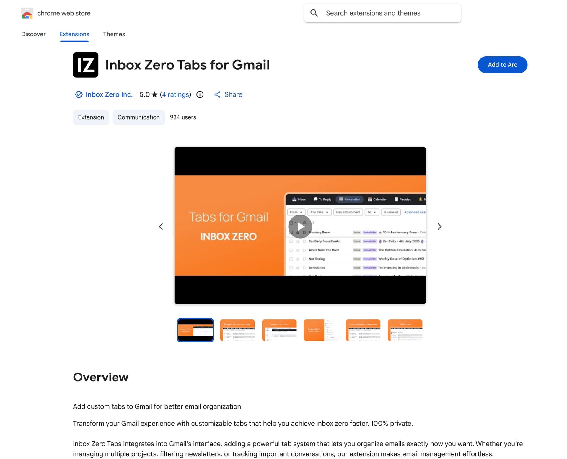 Chrome Web Store page for 'Inbox Zero Tabs for Gmail' extension, showing features and overview.