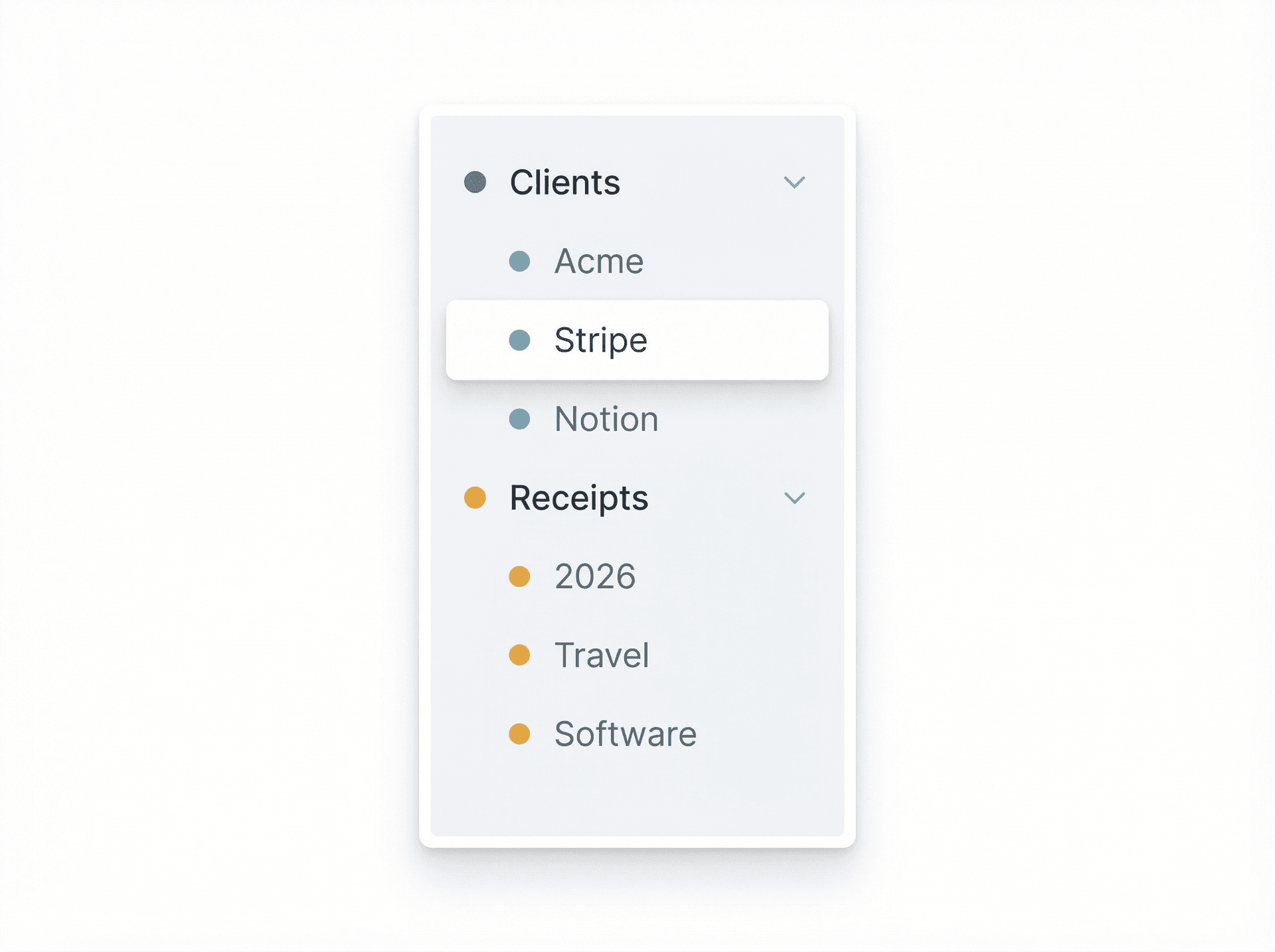 Gmail sidebar showing nested label hierarchy with Clients and Receipts parent labels and indented sub-labels beneath each