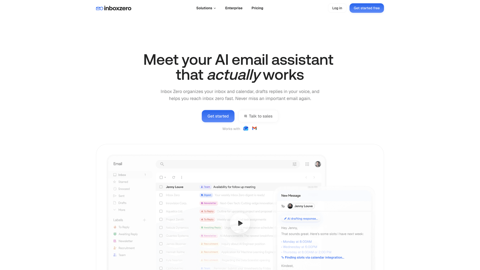 Inbox Zero homepage showing AI email assistant hero with product UI preview and Gmail/Google Workspace integration