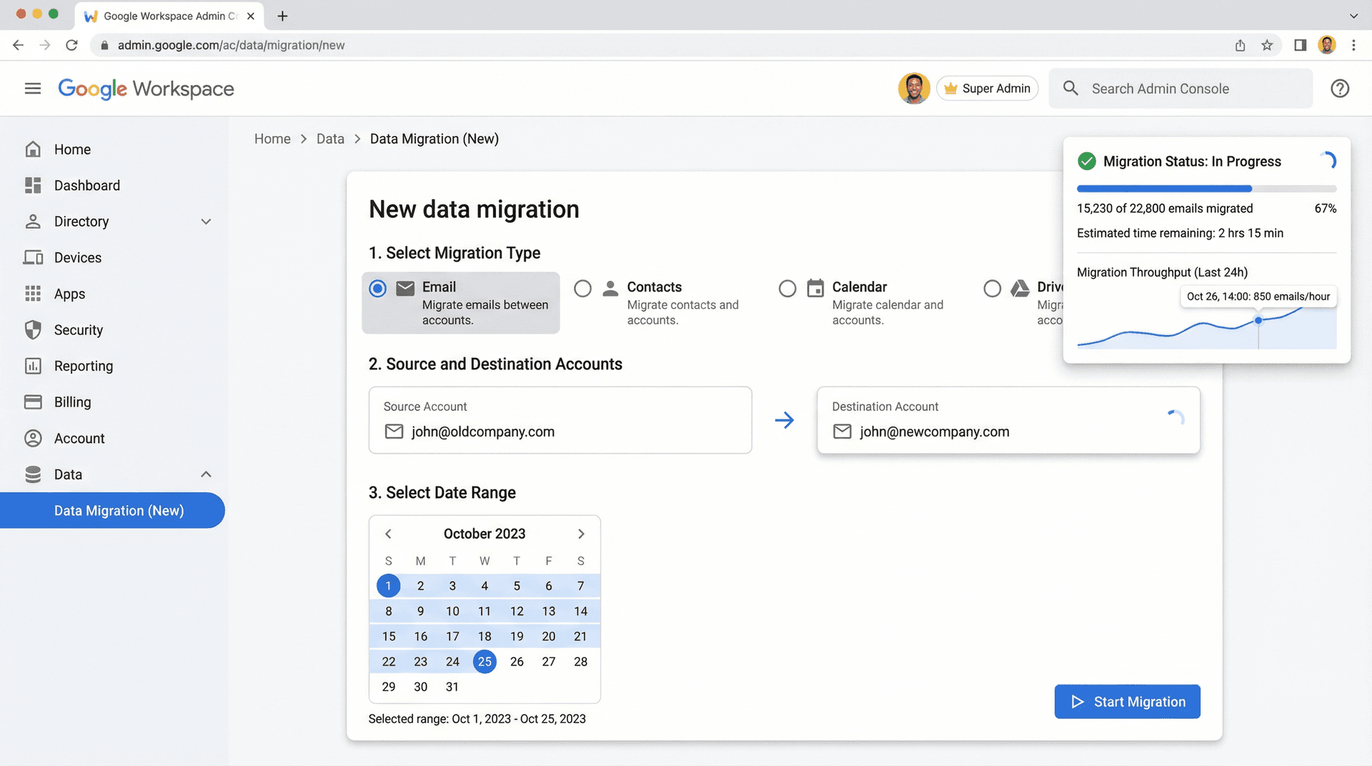 Google Workspace Admin Console interface displaying the Data Migration Service setup for enterprise email migration
