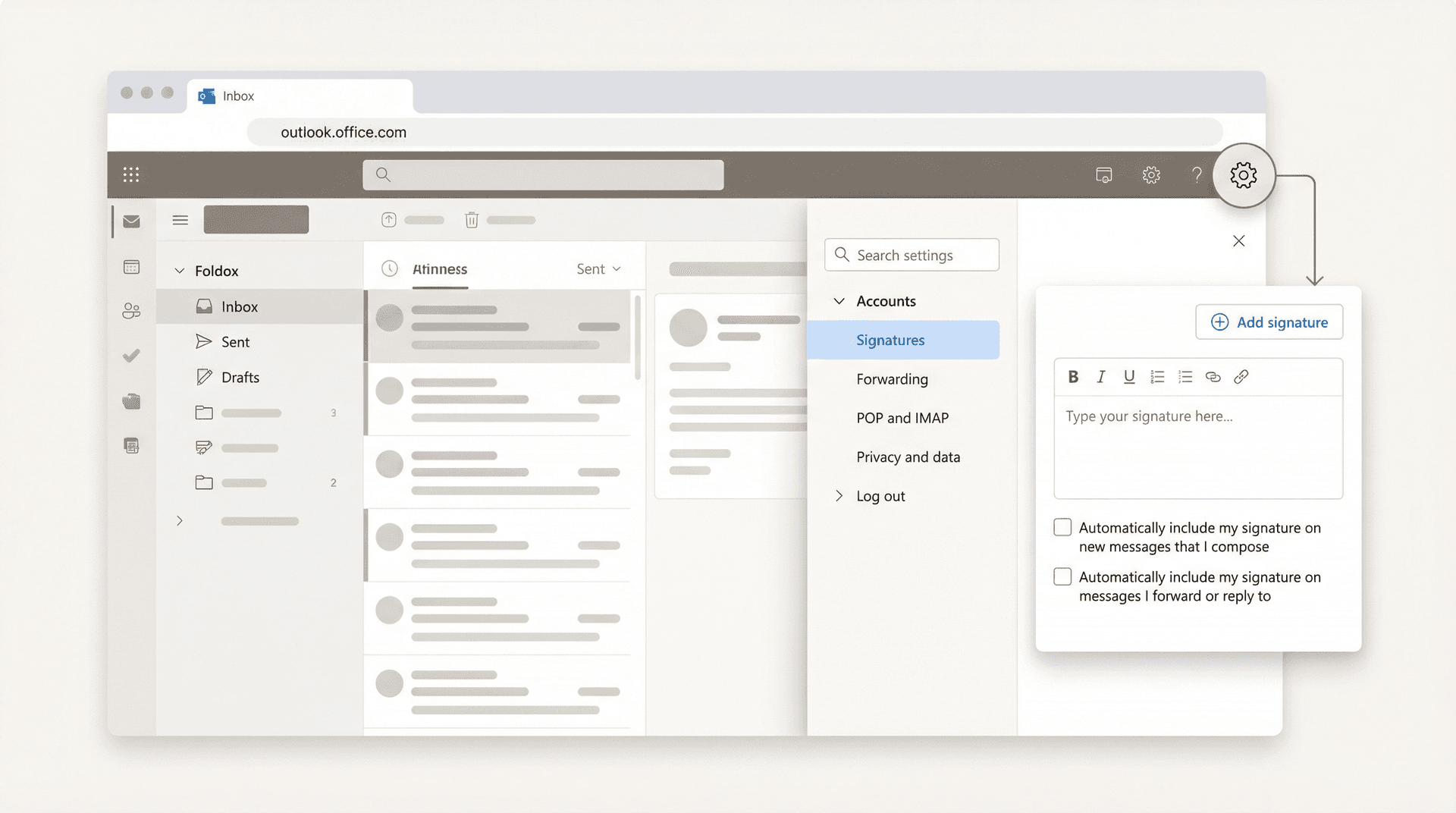 Outlook on the web browser interface showing Settings panel open with Accounts > Signatures navigation path highlighted