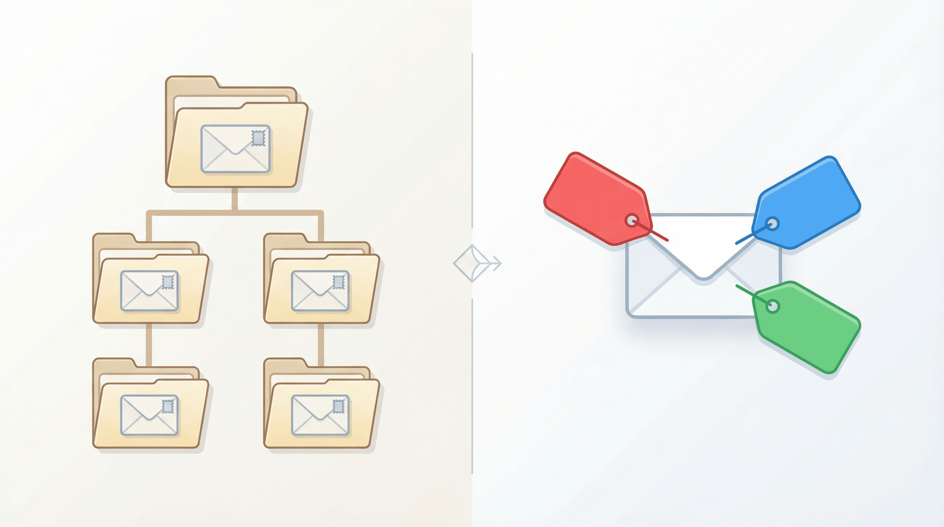 Side-by-side comparison showing traditional email folder structure on the left versus Gmail's flexible label tag system on the right