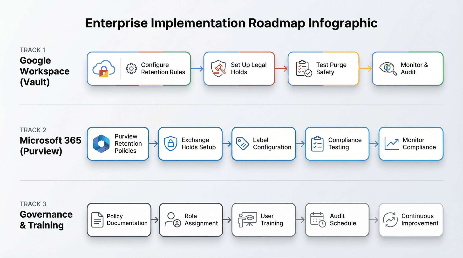 Email retention policy implementation roadmap showing Google Vault, Microsoft Purview, and governance tracks