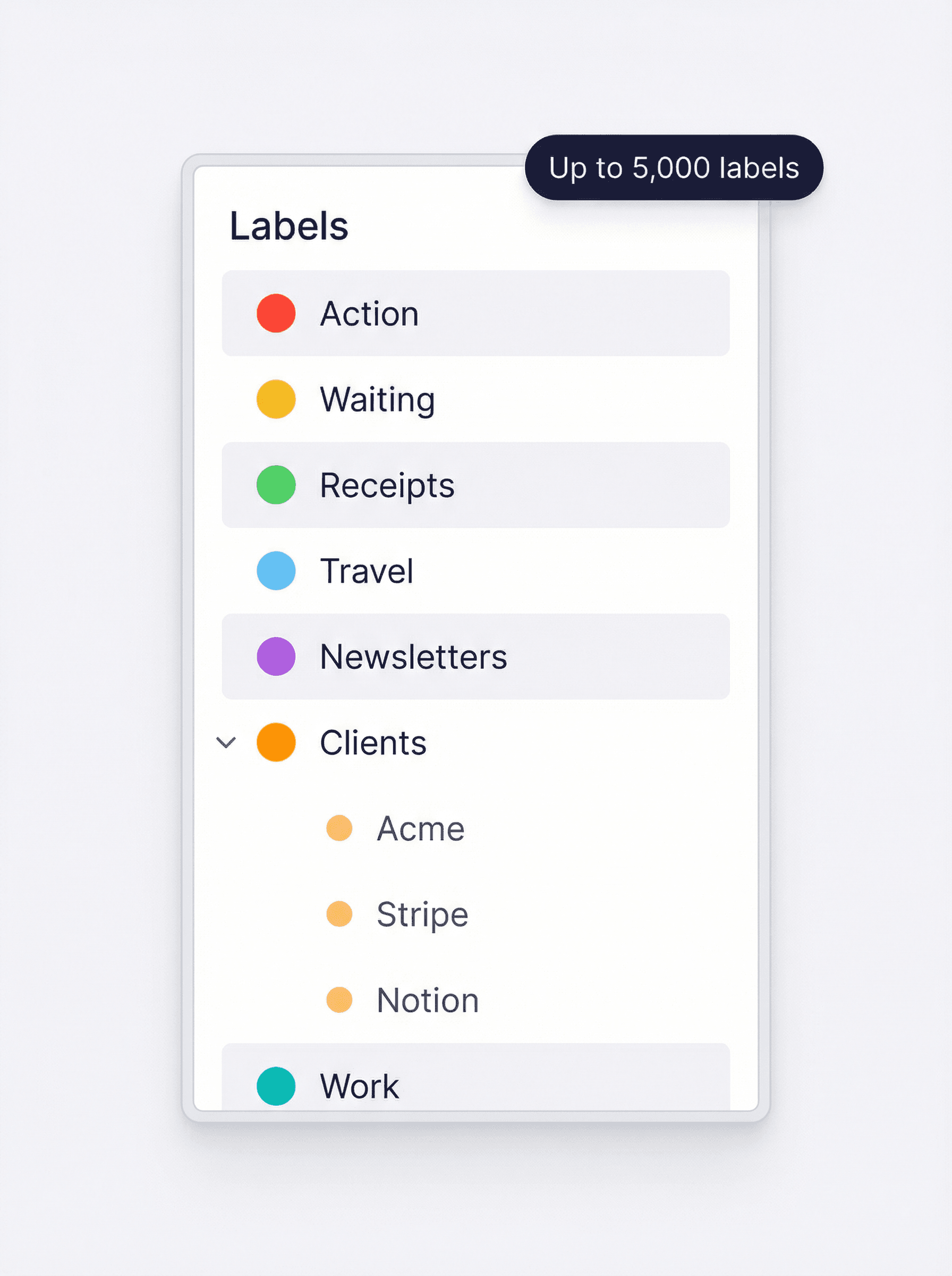 Color-coded Gmail label sidebar showing organized labels like Action, Receipts, Travel, and nested sub-labels under Clients